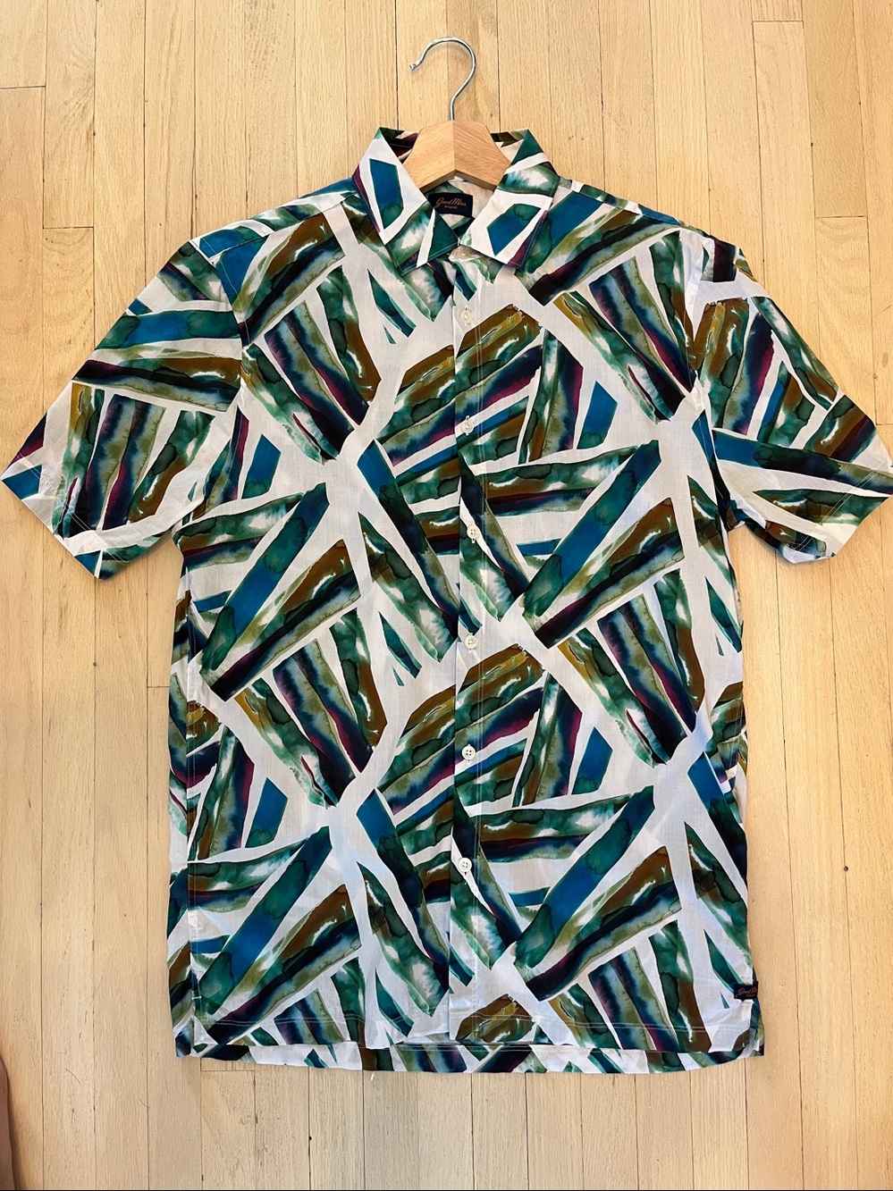 Goodman Brand (Designer) - Abstract Leaf Print Button-Up Shirt in Teal & Olive